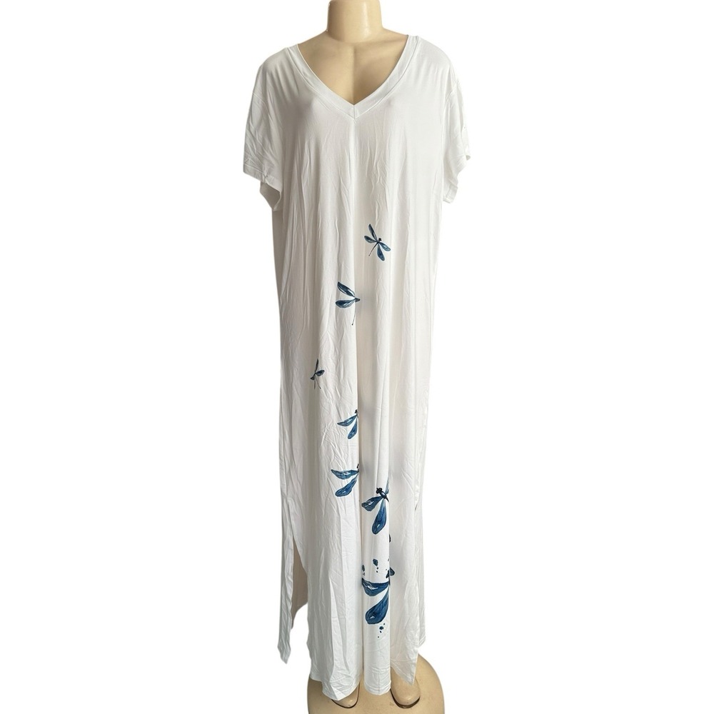 New NORACORA Women Jersey Maxi Dress White Whimsy Dragonfly Lagenlook V-Neck XXL